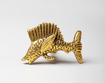 Brass Finish Cast Iron Fish Knob | Vintage Cabinet Drawer Pull