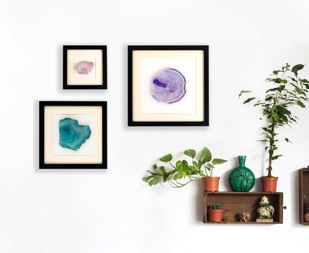 Set of 3 Agate Wall Art Handmade With Black Frame for Living Room Bedroom Home Decoration, Wall