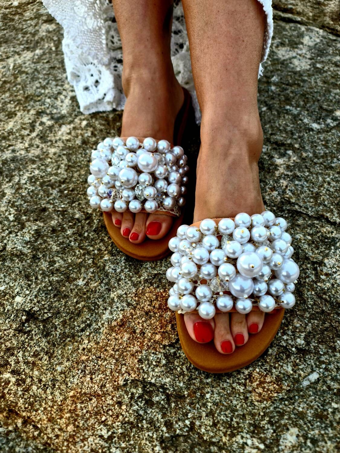 Pearls Sandals slides/genuine leather Sandals/crystals Etsy