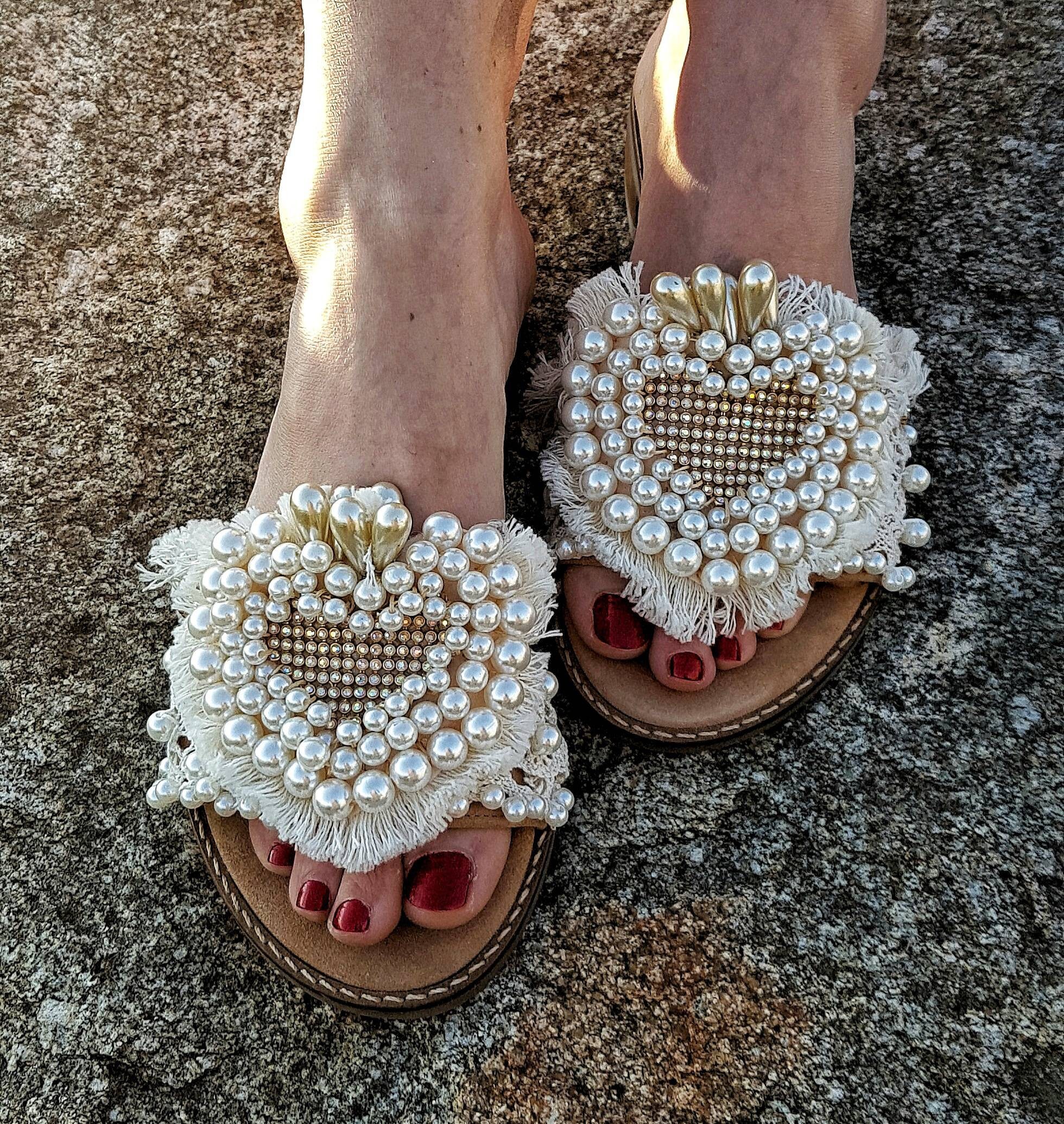 Greek sandals/pearls sandals slides with heel/heel sandals Etsy