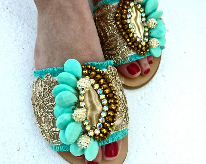 Greek sandals slides/genuine leather/crystals sandals/gold mint sandals slides/luxury sandals/handmade shoes/women shoes/wedding/bridal/boho