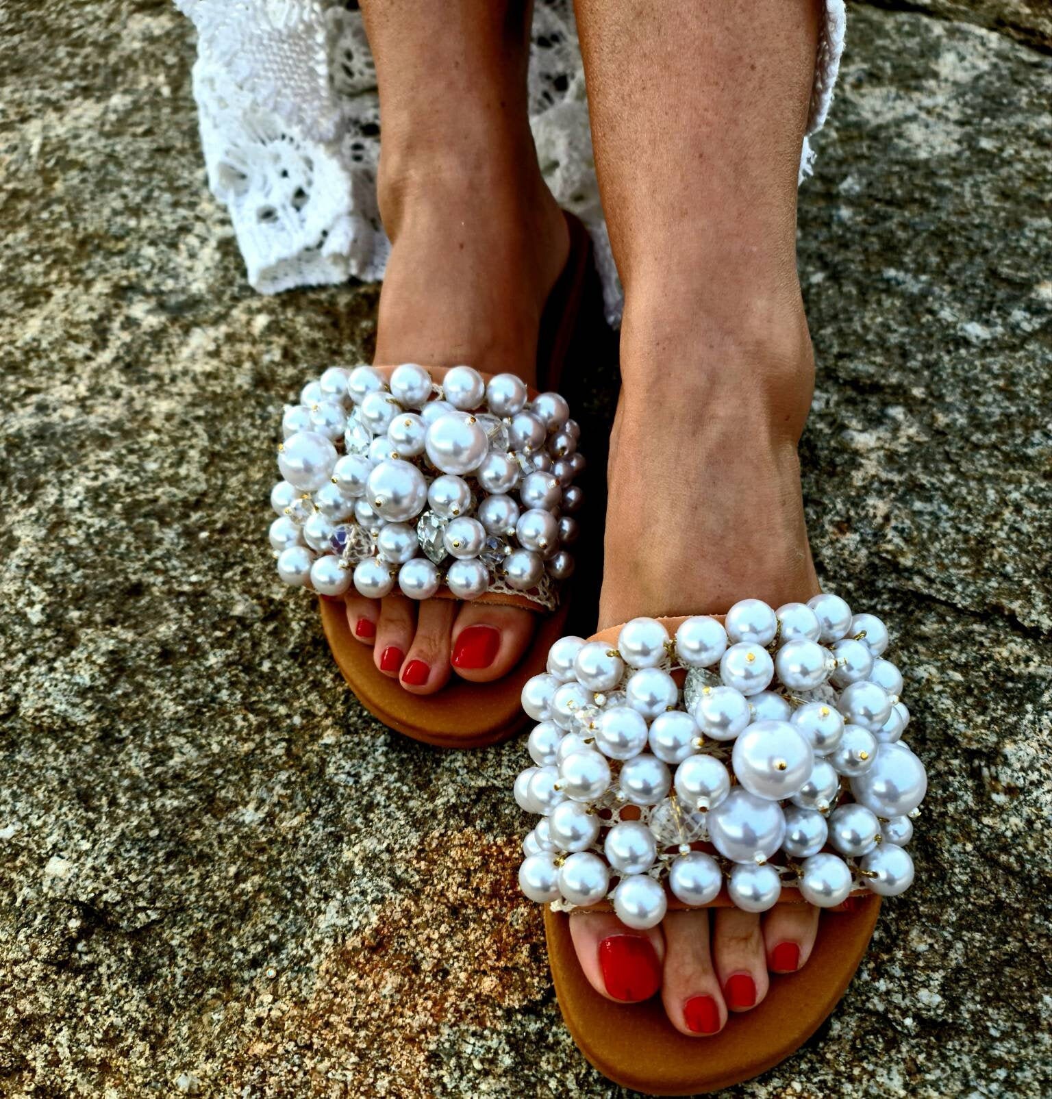 Pearls Sandals Slides/genuine Leather Sandals/crystals - Etsy UK