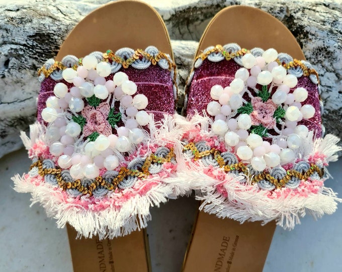 Greek handmade Sandals slides/gypsy Sandals/pink gold sandals/fringes sandals/crochet/crystals shoes/bohemian Sandals/luxury/sparkle sandals