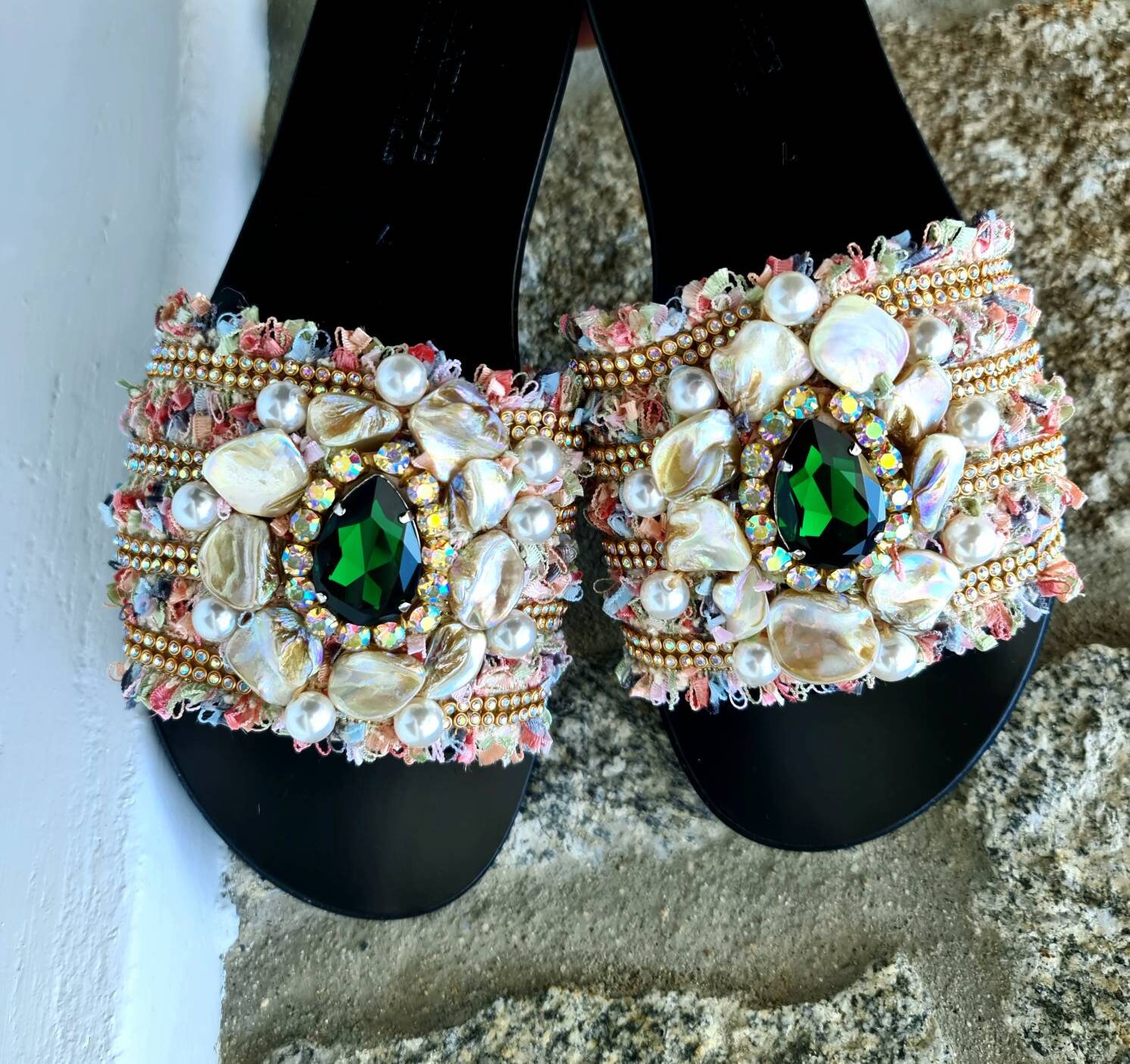 Black handmade crystals rhinestones sandals slides/pearls Sandals/shells  Sandals slides/Greek sandals for women/bohemian/luxury/ethnic shoes