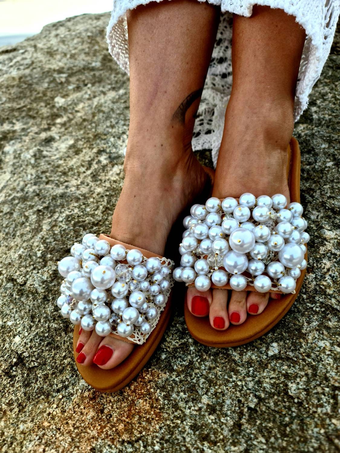 Pearls Sandals Slides/genuine Leather Sandals/crystals - Etsy