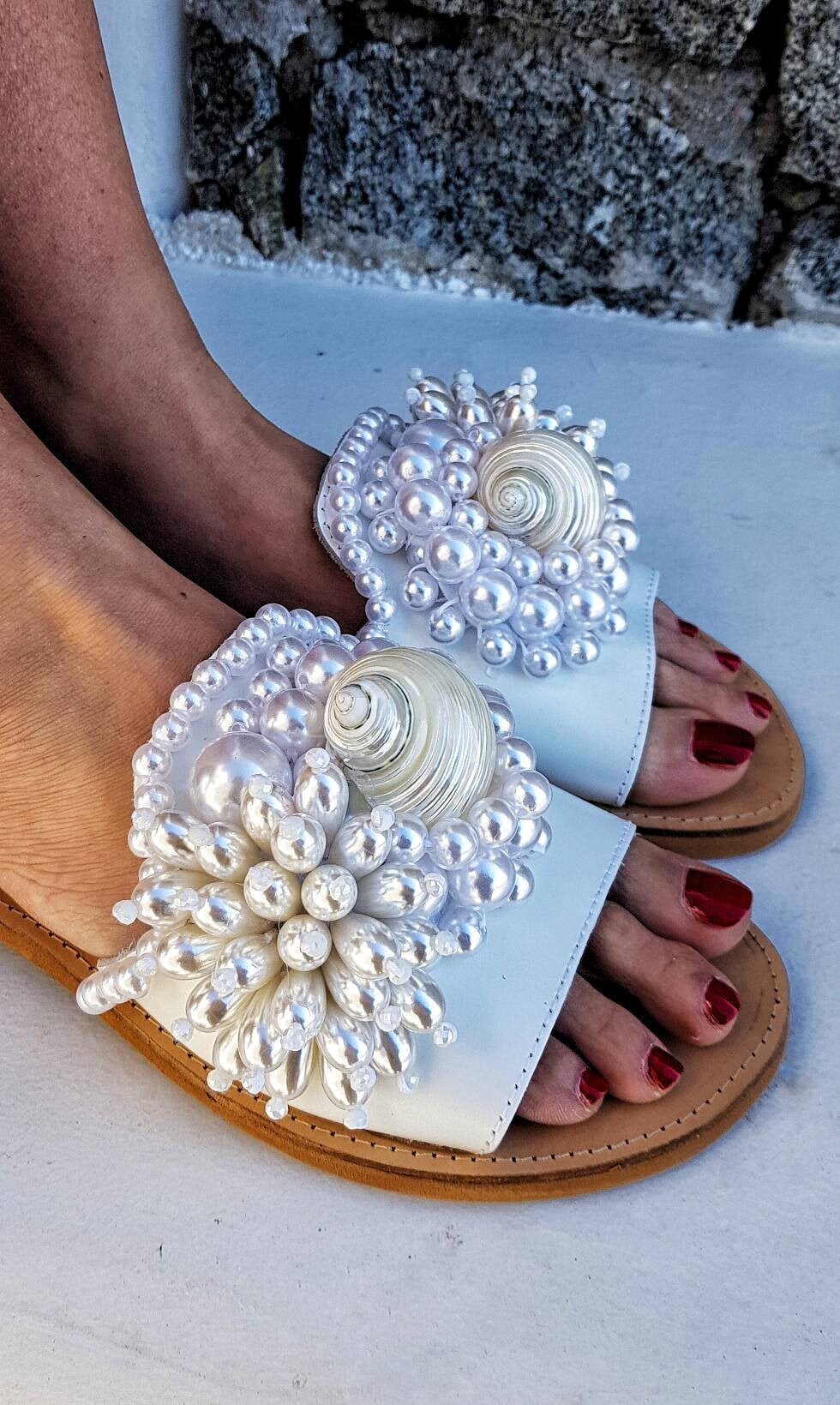 sandals with pearls on them