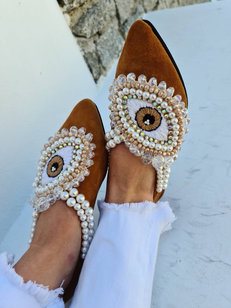 Evil eye shoes/Greek leather shoes/crystal beads/handmade Etsy