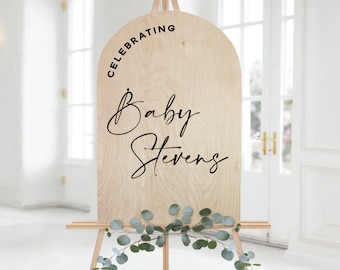 Letrero de bienvenida con arco moderno para baby shower: decoración de madera de abedul en 3D