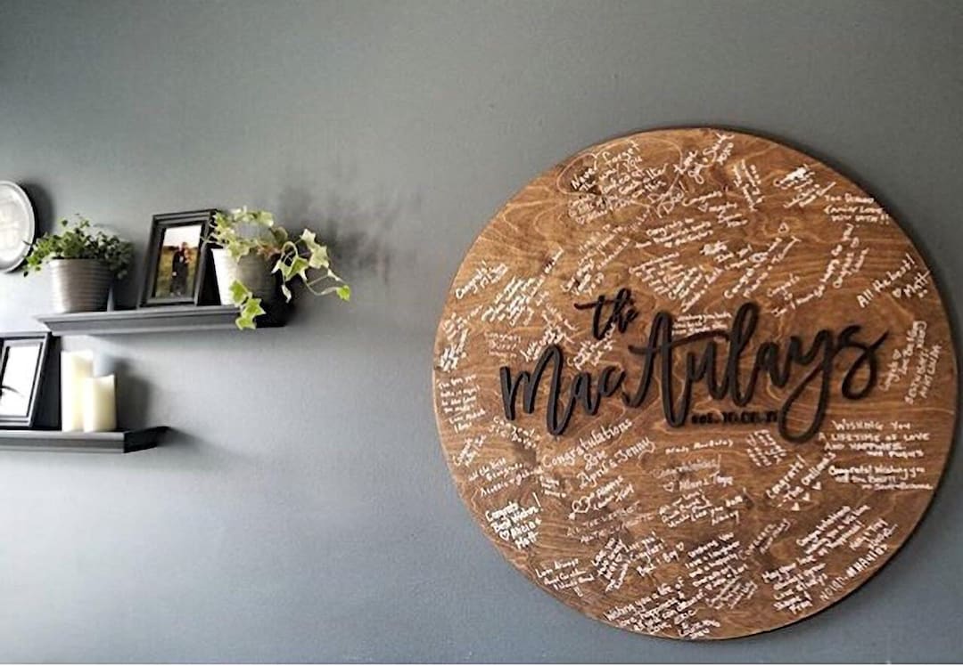Personalized Wedding Guest Book Alternative: Last Name Wood Sign - White, LARGE (30" round)