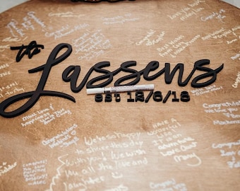 Letrero redondo para libro de visitas de boda / Abedul báltico, nombres y fecha personalizados