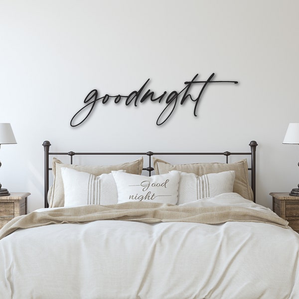 Enseigne de chambre principale découpée Goodnight | Mot découpé | Décoration murale romantique pour chambre à coucher | Panneau au-dessus du lit | Décoration de chambre à coucher