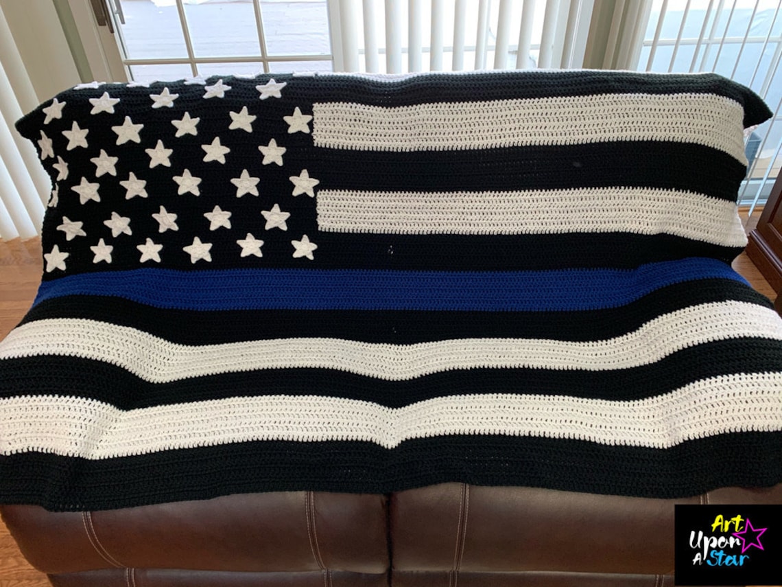 Blue Line Crochet Blanket Black, White, and Blue Flag Blanket Crocheted