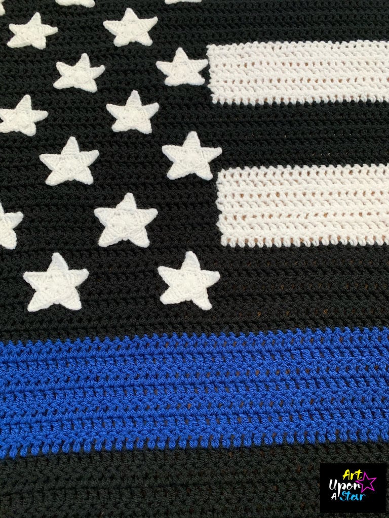 Blue Line Crochet Blanket Black, White, and Blue Flag Blanket Crocheted