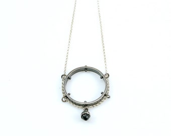 Oxidized Sterling Silver Garnet Circle Pendant Necklace