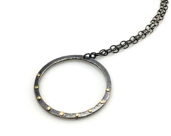 Silver & Brass Lunar Necklace, circle necklace, eternity necklace, long silver necklace, rivet necklace, mixed metal, industrial necklace