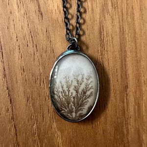 May include: Oval pendant necklace with a silver-tone chain. The pendant features a white background with a brown, fern-like pattern. The necklace is displayed on a wooden surface.