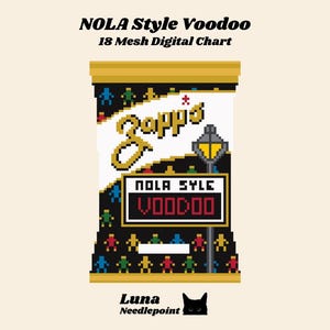 May include: A digital cross stitch pattern for a bag of Zapp's potato chips with the text "NOLA Style Voodoo" in a pixelated font. The bag is yellow and black with a red star and a white light post. The pattern is for 18 mesh fabric.