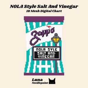May include: Pixelated digital chart featuring a bag of Zapp's NOLA Style Salt and Vinegar chips. The bag is teal and white with a purple top and the text "Zapp's" in a stylized font. A sign reads "NOLA Style Salt and Vinegar".