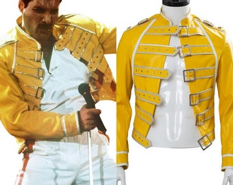 Queen Lead Vocals Freddie Mercury Cosplay | Costume Yellow Jacket Adult Men | 70s Style Jacket Vocals Outfit Coat | Halloween Carnival Suit