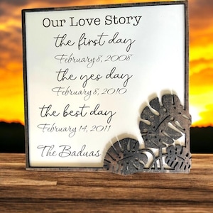 Love Story plaque with monstera leaf frame. Personalized