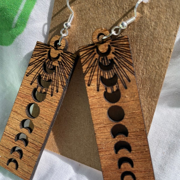 Hawaii/Wooden moon phase earrings  with tropical leaf design,made in Hawaii