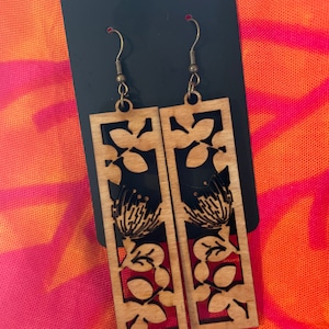 Hawaii Wooden Laser Cut,Liko Lehua  Earrings made in Hawaii light wood