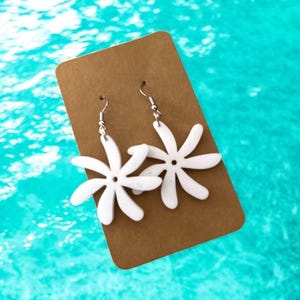 White acrylic Tiare flower earrings made in Hawaii 1.5 inches