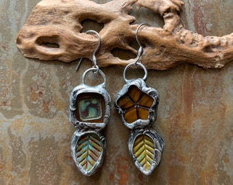 brown and green wildflower - floral earrings