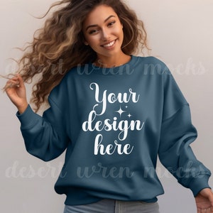 Gildan 18000 Indigo Blue Mockup Sweatshirt Crewneck Mock up G180 Model Mock Gildan 18000 Sweater Casual Fall Winter Mock-up