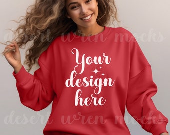 Gildan 18000 Red Mockup Sweatshirt Crewneck Mock up G180 Model Mock Gildan 18000 Sweater Casual Fall Winter Mock-up