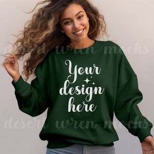 Gildan 18000 Forest Green Mockup Sweatshirt Crewneck Mock up G180 Model Mock Gildan 18000 Sweater Casual Fall Winter Mock-up