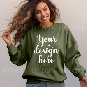 Gildan 18000 Military Green Mockup Sweatshirt Crewneck Mock up G180 Model Mock Gildan 18000 Sweater Casual Fall Winter Mock-up