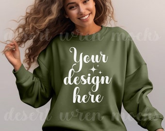 Gildan 18000 Military Green Mockup Sweatshirt Crewneck Mock up G180 Model Mock Gildan 18000 Sweater Casual Fall Winter Mock-up