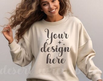 Sand Gildan 18000 Mockup Sweatshirt Sand Crewneck Mockup G180 Model Mock Gildan 18000 Beige Tan Sweater Casual Fall Winter Mock-up