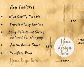 Christmas Ornament Mockup Size Chart Key Features Blank White Round Ceramic Mockup Gold String Round Christmas Ornaments Mockup Printify