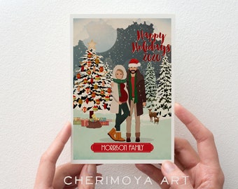 Custom Illustrated Family Portrait Christmas Card  Personalized Family Drawing Custom Portrait Couple Illustration Christmas Holiday Card