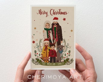 Custom Illustrated Family Portrait Christmas Card  Personalized Family Drawing Custom Portrait Couple Illustration Christmas Holiday Card