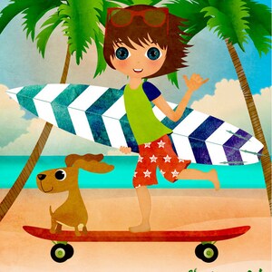 Monopatín arte imprimir cartel de los niños imprime vivero pared arte Surfboard Decor Niño Niño Artístico Surfista Ilustración Regalo para los niños
