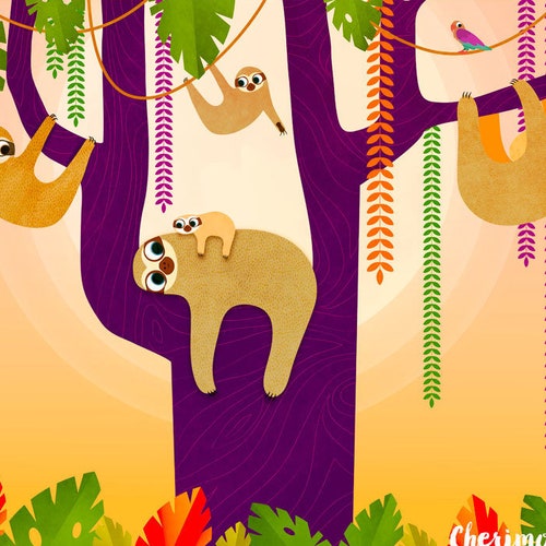 Sloth Art Print Sloth Wall Art Sloth print Sloth painting Sloth Nursery Art Rainforest Nursery Sloth Gift Sloth Illustration Rainforest Art