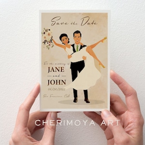 Retenez cette date illustrée personnalisée, faire-part de mariage, faire-part de mariage personnalisé, illustration de couple, carte "retenez cette date", carte de mariage