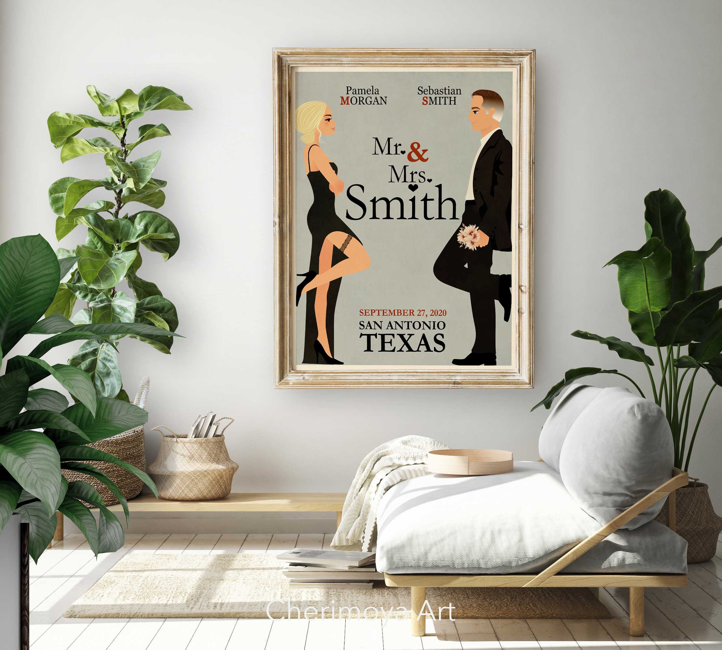 Brangelina Engagement Wedding Gift & Mrs Personalized Mr And Mrs Smith Inspired Custom Poster Smith Couple Caricature Mr
