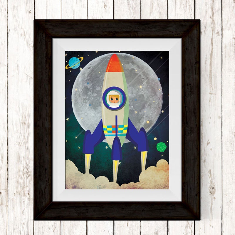 Retro Rocket Spaceship Art Print Rocket wall art decor decor Etsy