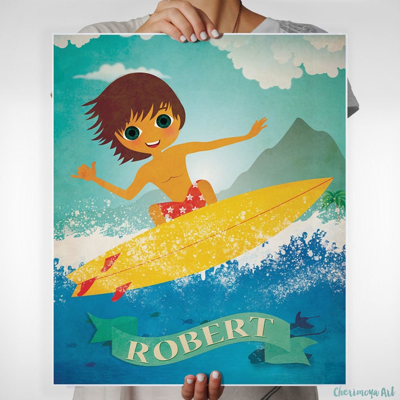 Personalized Baby Gift Nursery Wall Art Children's Wall Art Surf Art Boy Surfing wall Decor Beach Art Surfboard Decor Beach Nursery Decor image 1