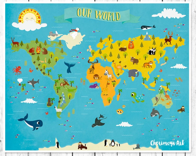 Kids World Map  Personalized Baby Map Nursery world map Children's WORLD MAP Maps for Kids Kids Decor Nursery Wall Decor Animal World Map