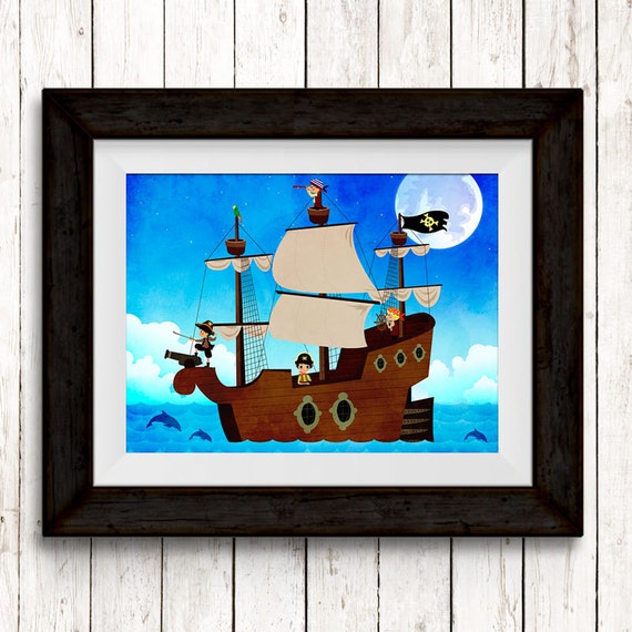 PIRATES Ahoy Nautical KIDS RULES Canvas Wall Art Picture Home Decor Boys Bedroom 