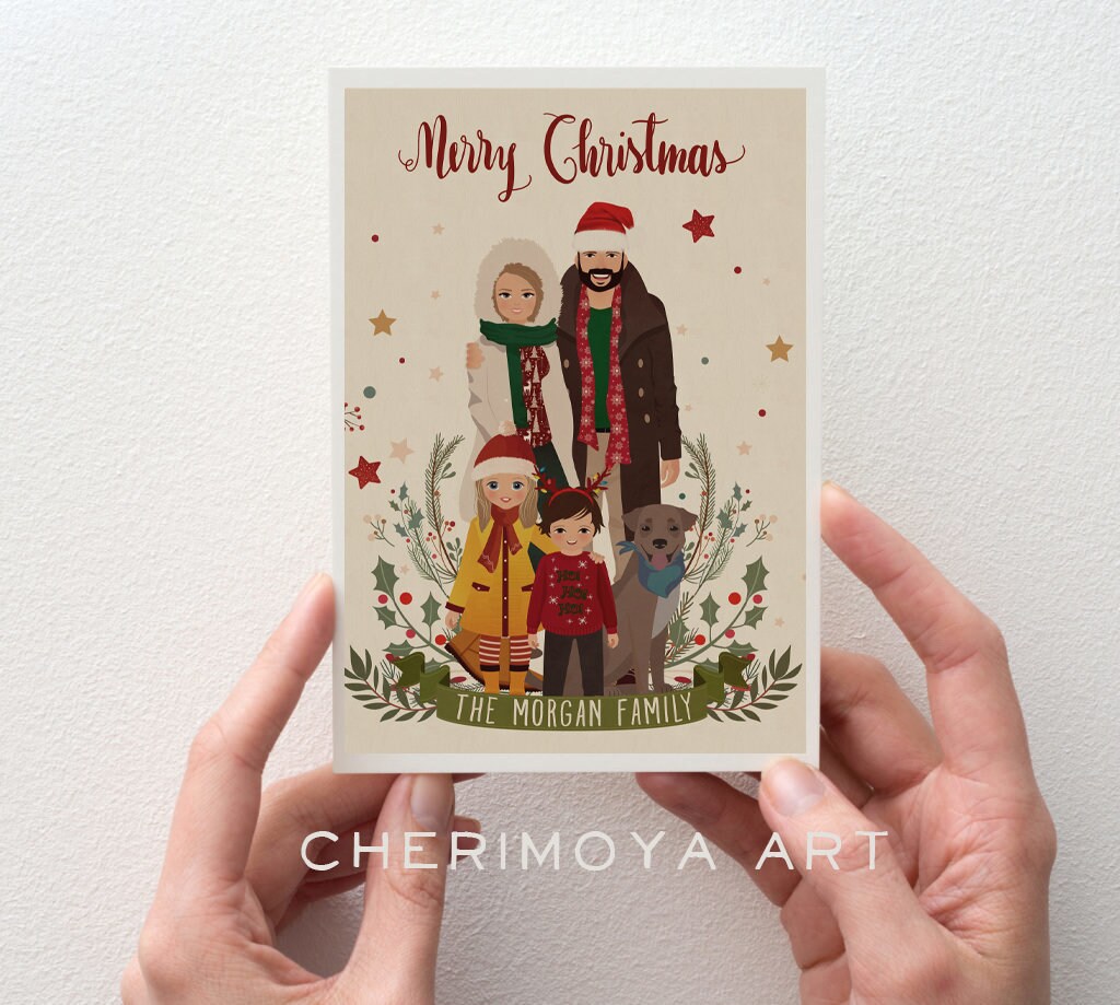 Custom Illustrated Family Portrait Christmas Card  Personalized Family Drawing Custom Portrait Couple Illustration Christmas Holiday Card