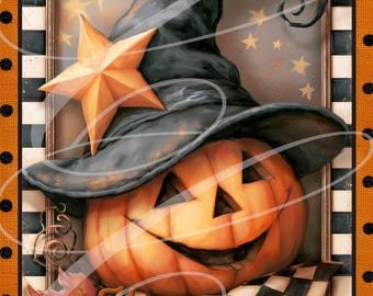 Primitive Retro Halloween Pumpkin Jack-O-Lantern Whimsical JPEG, Vintage Style Digital Label 8"x10" TWO Versions!
