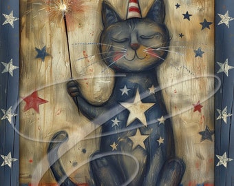 Vintage farmhouse Label Digital jpg, Pillows, signs, prints, Pillows, Americana, patriotic, Flag America Patriotic Primitive Cat July 4th