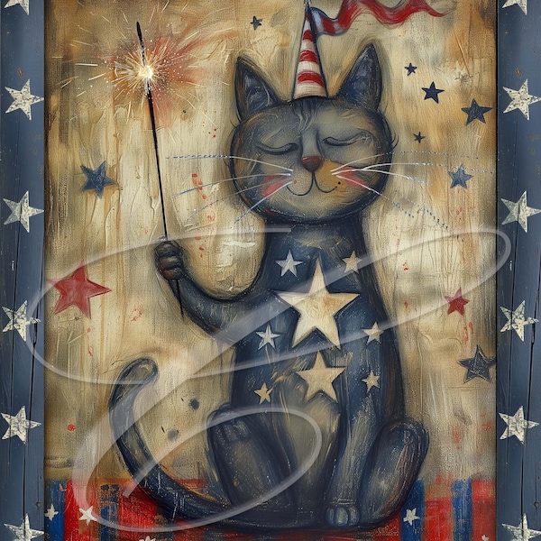 Vintage farmhouse Label Digital jpg, Pillows, signs, prints, Pillows, Americana, patriotic, Flag America Patriotic Primitive Cat July 4th