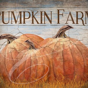 May include: A rustic wooden sign with the text "PUMPKIN FARM" in brown letters. Three orange pumpkins are in the foreground, sitting on a bed of dry grass.